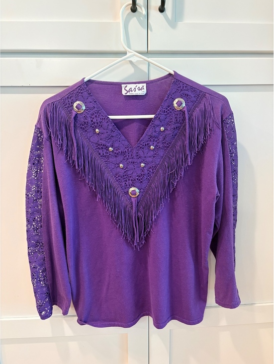 Tops - Vintage Sasza Purple Long Sleeve Blouse with Lace and Fringe Detail